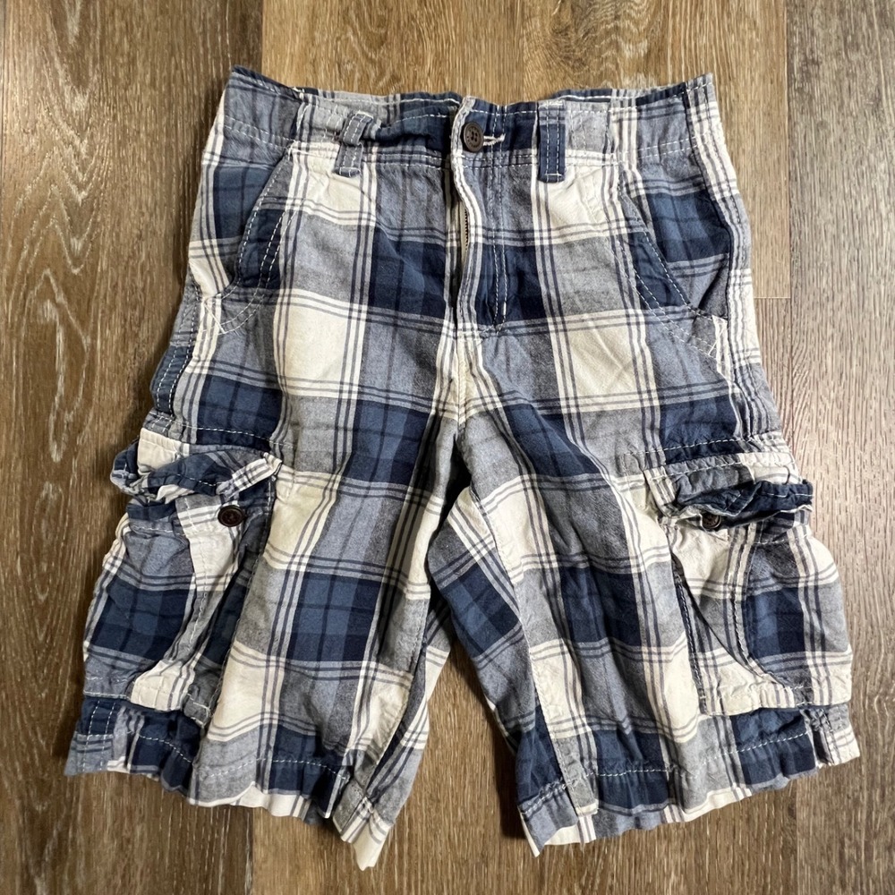 Urban Pipeline Cargo Shorts Kids Size 12 Blue Plaid Cotton Utility Knee Length